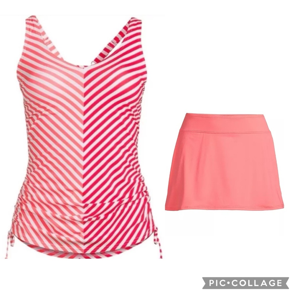 EUC Lands End Set - V Neck Underwire Tankini Top and Skirt Swim Bottoms - 12